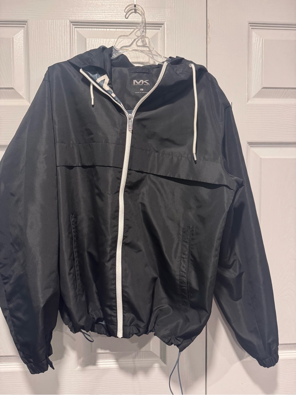 Michael Kors Black Hooded Windbreaker with White Trim
